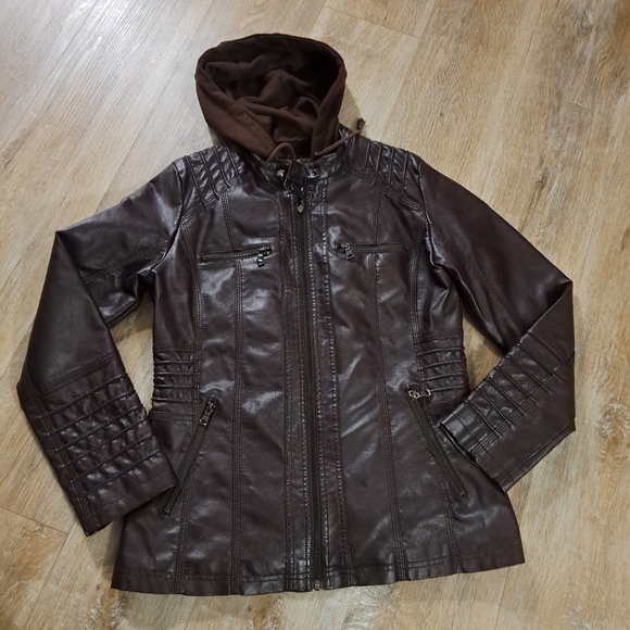 Tanming Coffee Brown Faux Leather Hooded Jacket Pockets Women's Size Medium - Picture 1 of 16